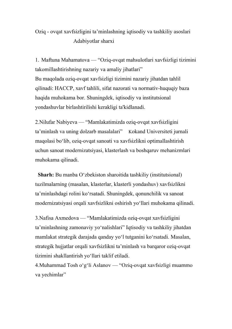 Oziq-ovqat xavfsizligi: Iqtisodiy va tashkiliy asoslar (Adabiyotlar sharhi)
